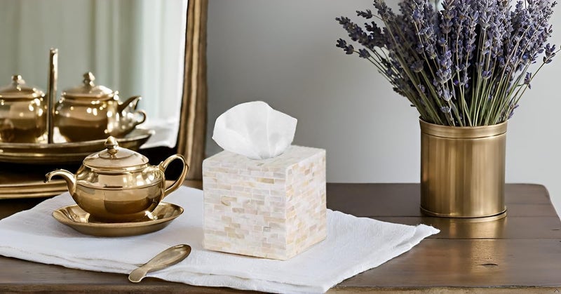 PEMAR 5.9″ Handmade Mother of Pearl Tissue Box Cover – Acacia Wood Cube, 5.35″ Interior Fits 5″ Square Boxes, Sliding Bottom, Lacquer Rustic Farmhouse Decor (Milano) - Image 5